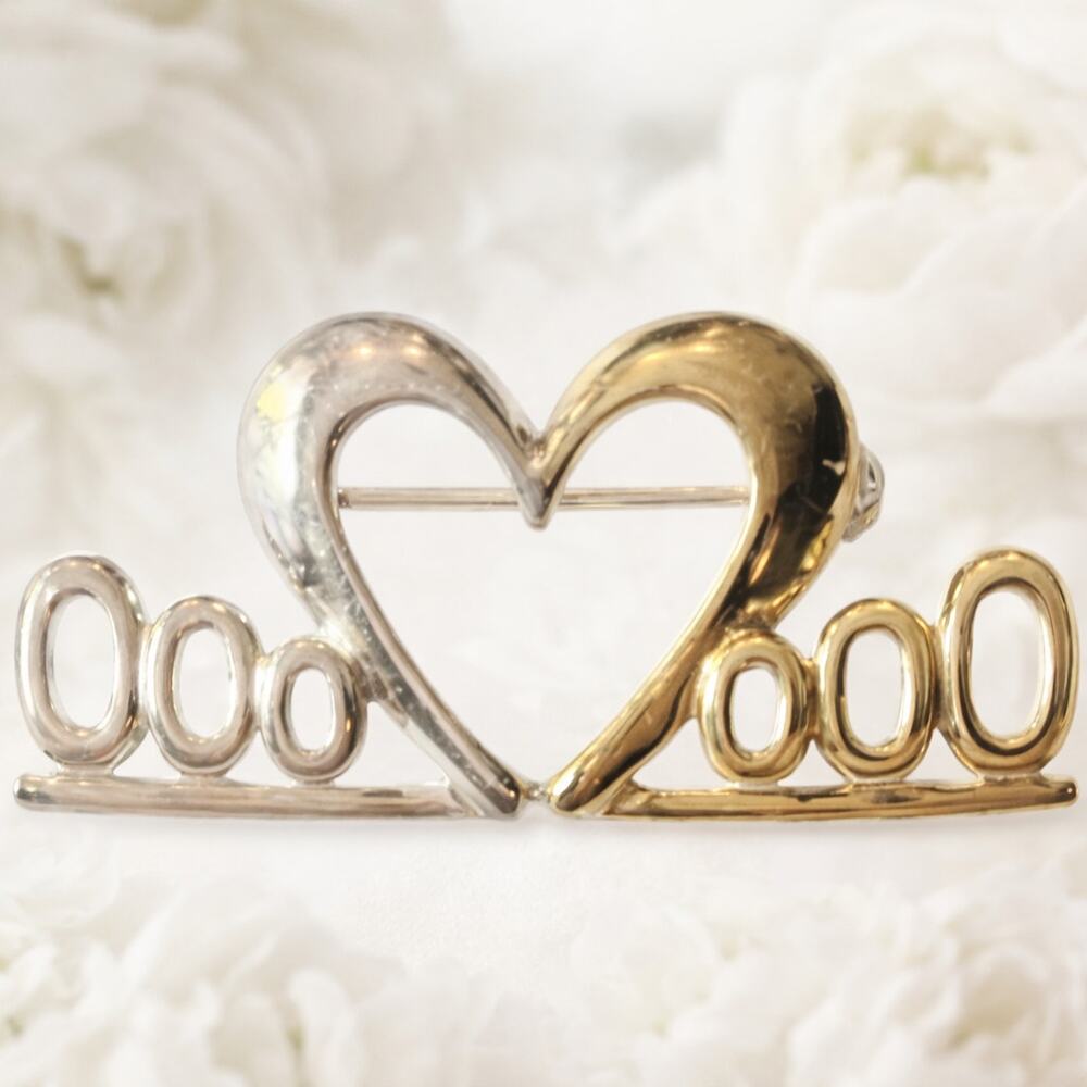 925 Sterling Silver The Millennium Heart Two Tone Gold Y2K Brooch Pin VTG